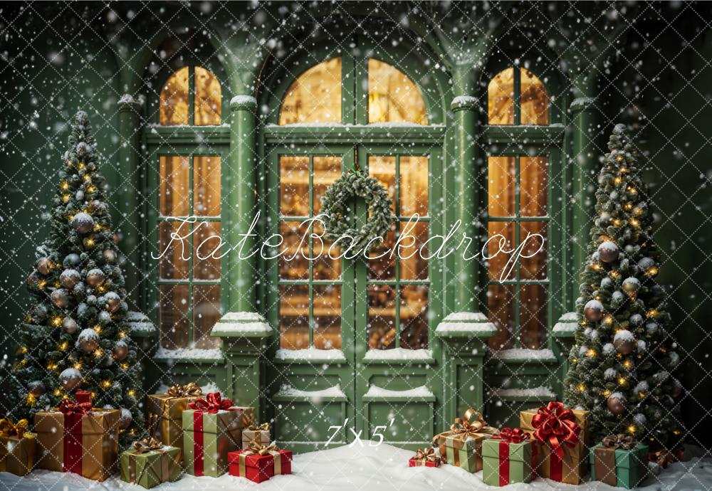 Kate Christmas Snowy Street Gift Green Window Backdrop Designed by Emetselch - Image 2