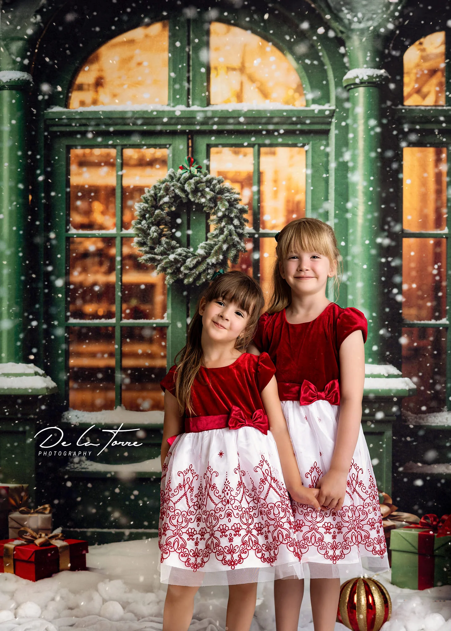 Kate Christmas Snowy Street Gift Green Window Backdrop Designed by Emetselch - Image 3