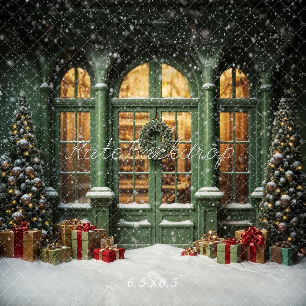 Kate Christmas Snowy Street Gift Green Window Backdrop Designed by Emetselch - Image 4