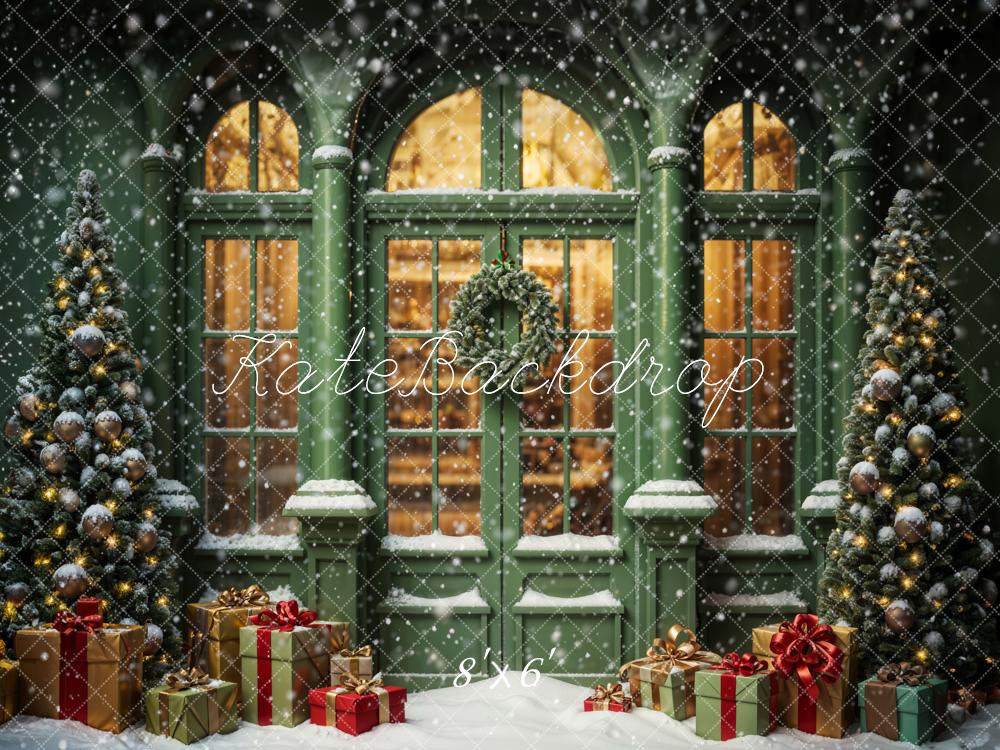 Kate Christmas Snowy Street Gift Green Window Backdrop Designed by Emetselch - Image 5