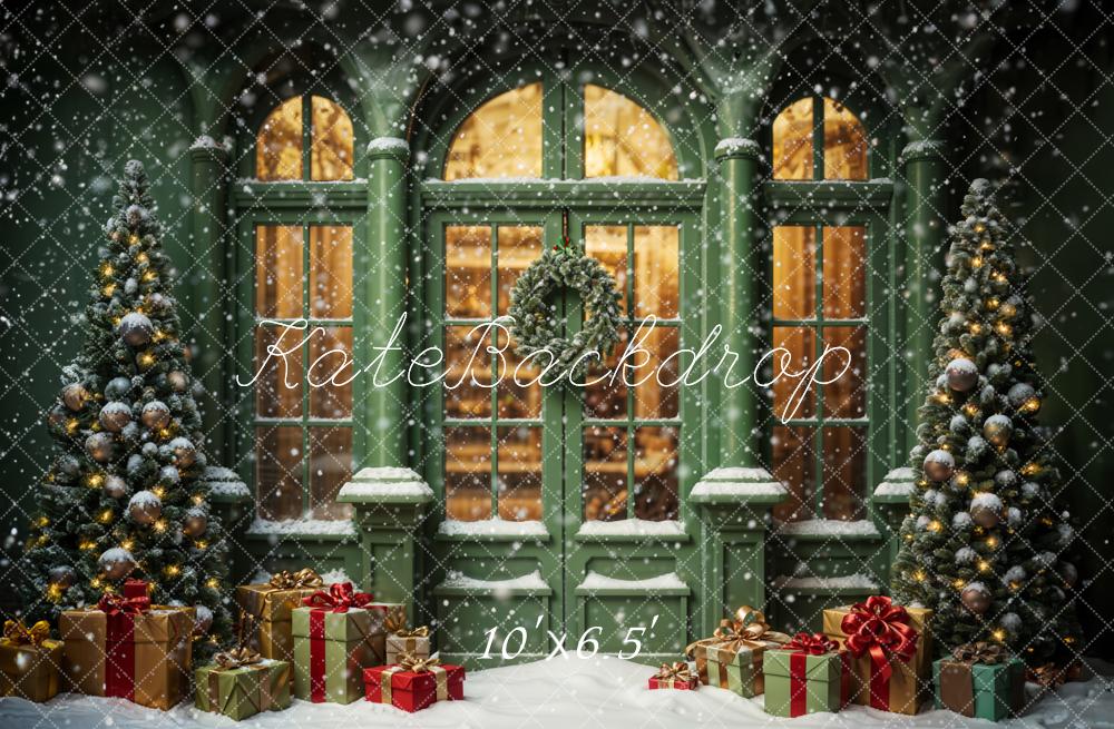 Kate Christmas Snowy Street Gift Green Window Backdrop Designed by Emetselch - Image 6