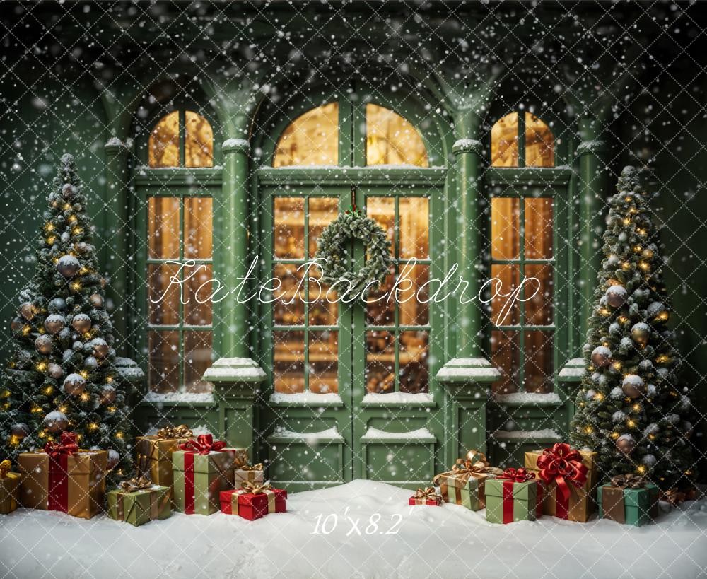 Kate Christmas Snowy Street Gift Green Window Backdrop Designed by Emetselch - Image 7