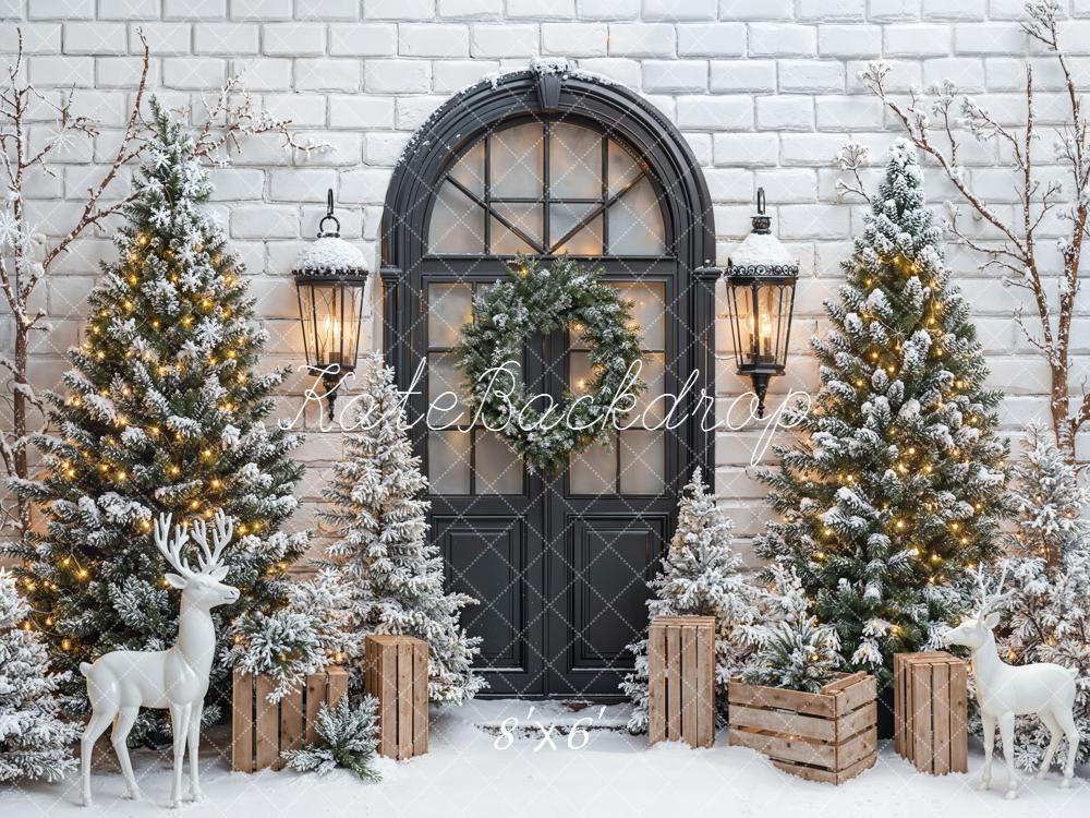 Kate Christmas Snowy Trees Black Door Backdrop Designed by Emetselch - Image 3