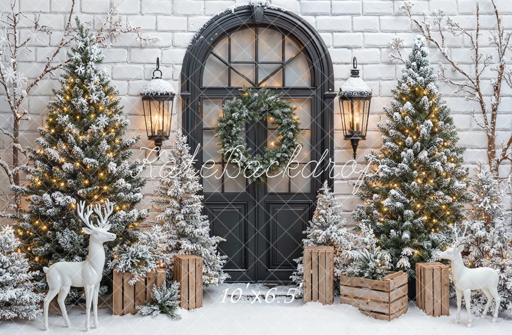 Kate Christmas Snowy Trees Black Door Backdrop Designed by Emetselch - Image 4