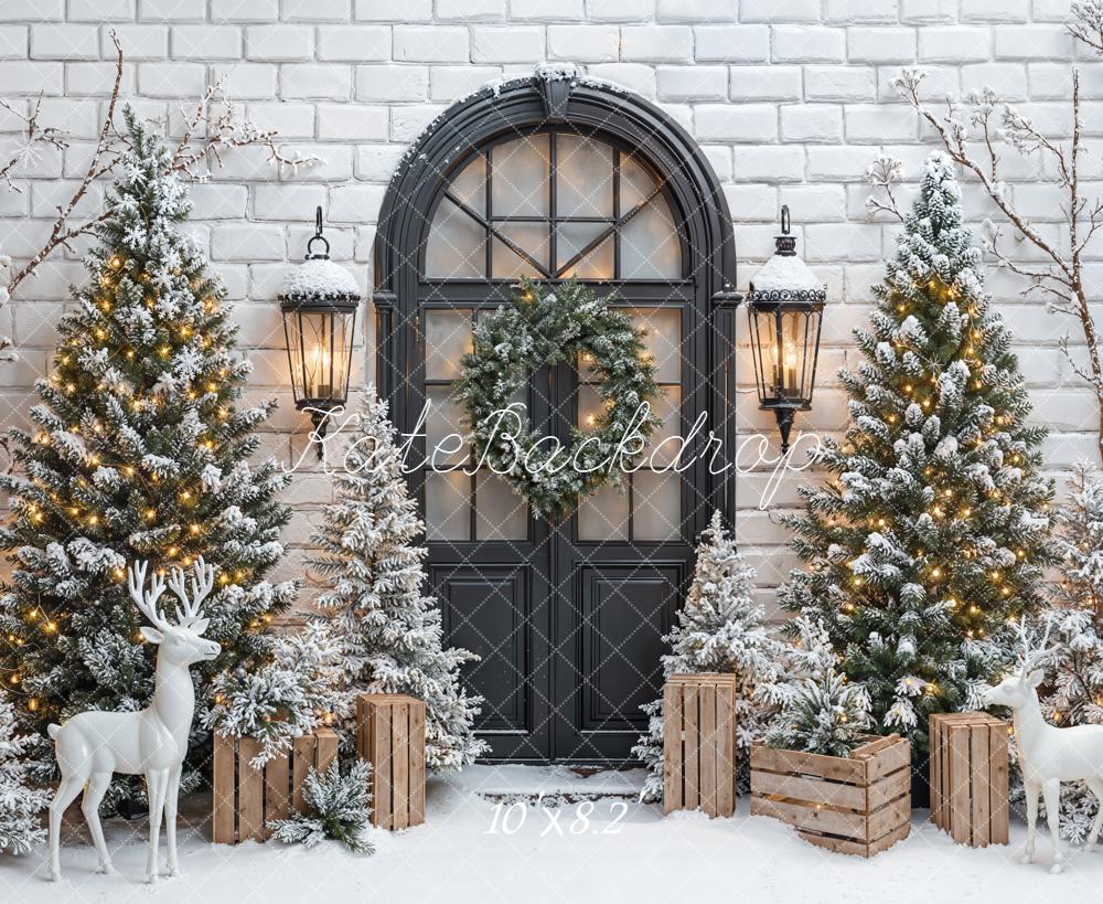 Kate Christmas Snowy Trees Black Door Backdrop Designed by Emetselch - Image 6