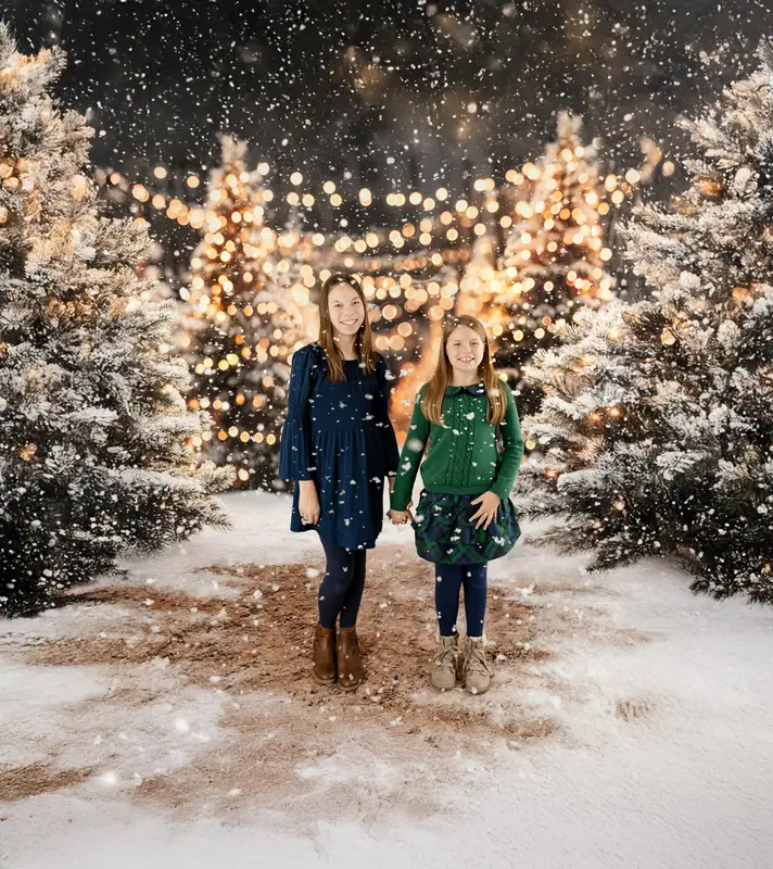 Kate Christmas Snowy Trees Bokeh Lights Backdrop Designed by Emetselch
