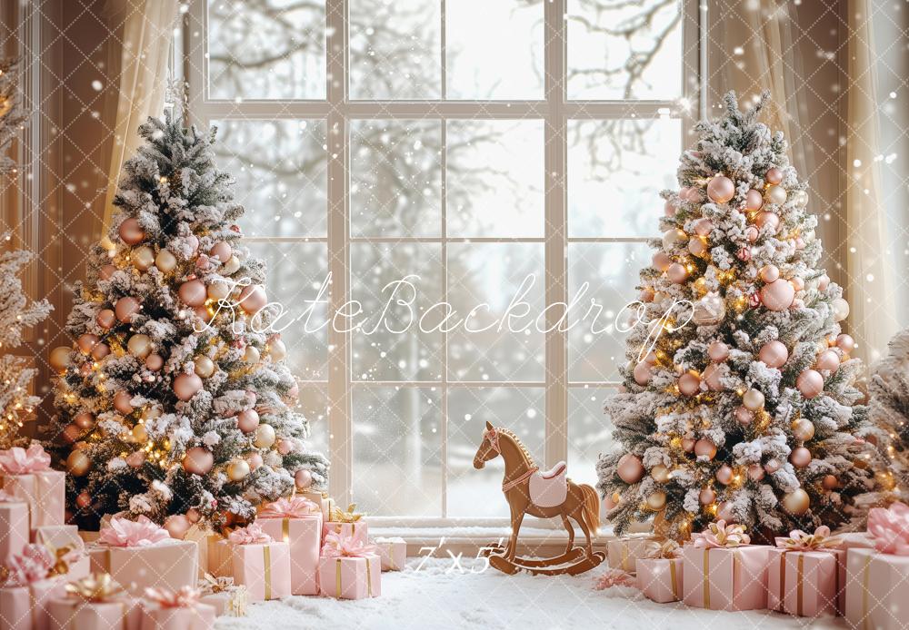 Kate Christmas Snowy Trees Pink Gifts Window Backdrop Designed by Patty Robert