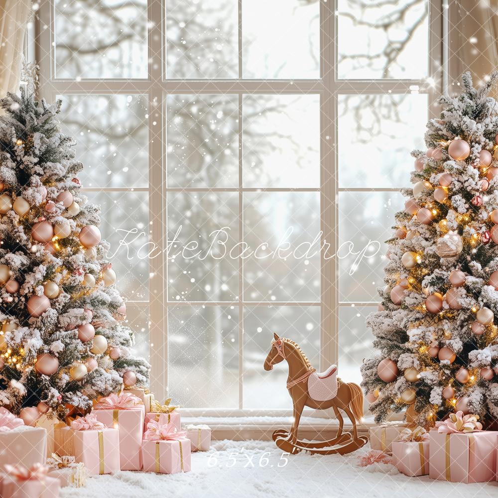 Kate Christmas Snowy Trees Pink Gifts Window Backdrop Designed by Patty Robert - Image 2