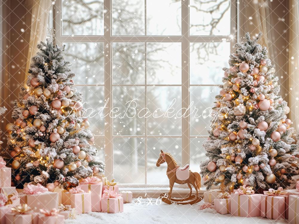 Kate Christmas Snowy Trees Pink Gifts Window Backdrop Designed by Patty Robert - Image 3