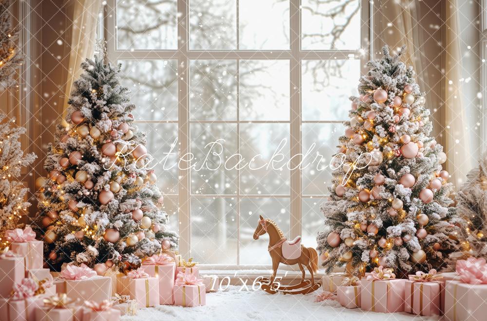 Kate Christmas Snowy Trees Pink Gifts Window Backdrop Designed by Patty Robert - Image 4