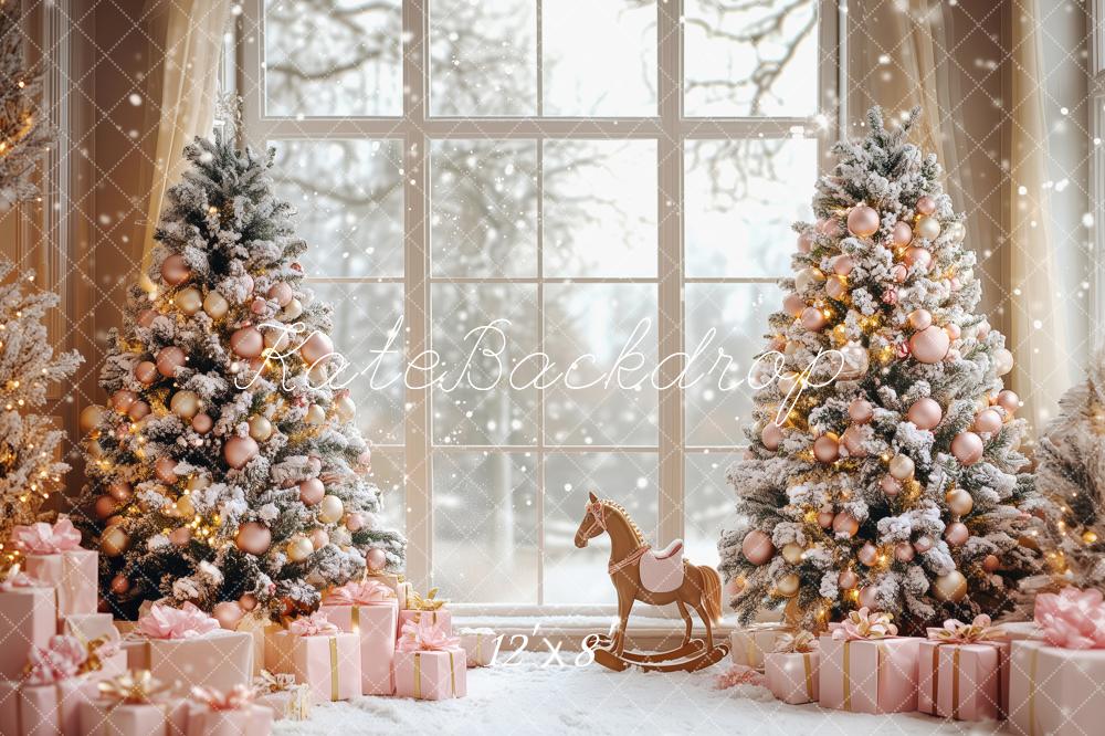 Kate Christmas Snowy Trees Pink Gifts Window Backdrop Designed by Patty Robert - Image 8