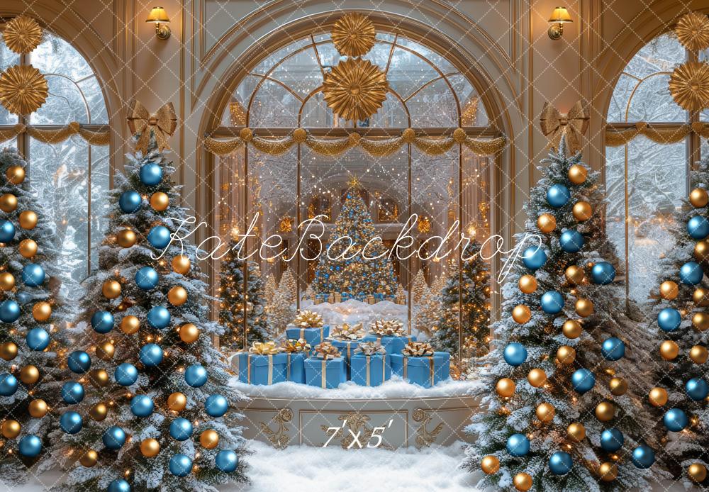 Kate Christmas Snowy Trees Presents Gold Backdrop Designed by Mini MakeBelieve