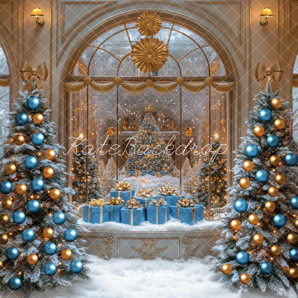 Kate Christmas Snowy Trees Presents Gold Backdrop Designed by Mini MakeBelieve - Image 2