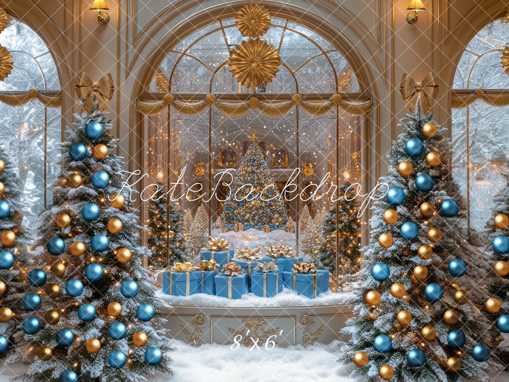 Kate Christmas Snowy Trees Presents Gold Backdrop Designed by Mini MakeBelieve - Image 3