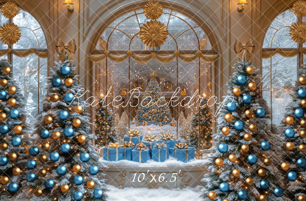 Kate Christmas Snowy Trees Presents Gold Backdrop Designed by Mini MakeBelieve - Image 4