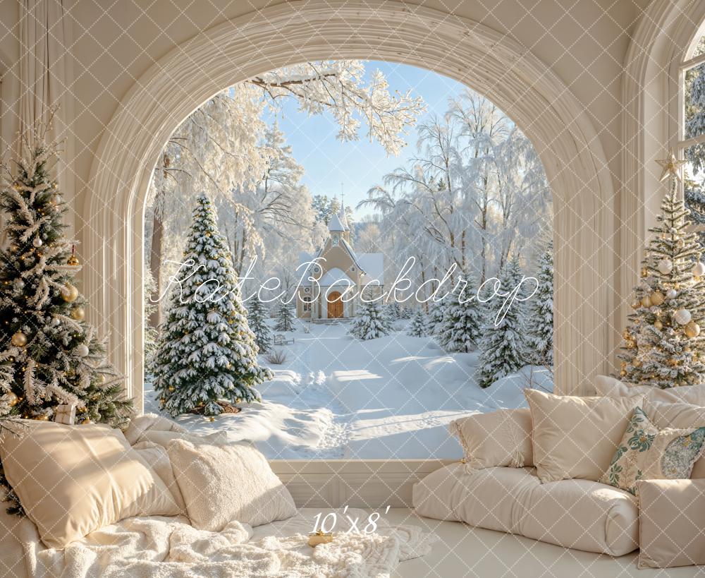 Kate Christmas Snowy Trees Window Sofa Fleece Backdrop Designed by Emetselch - Image 3