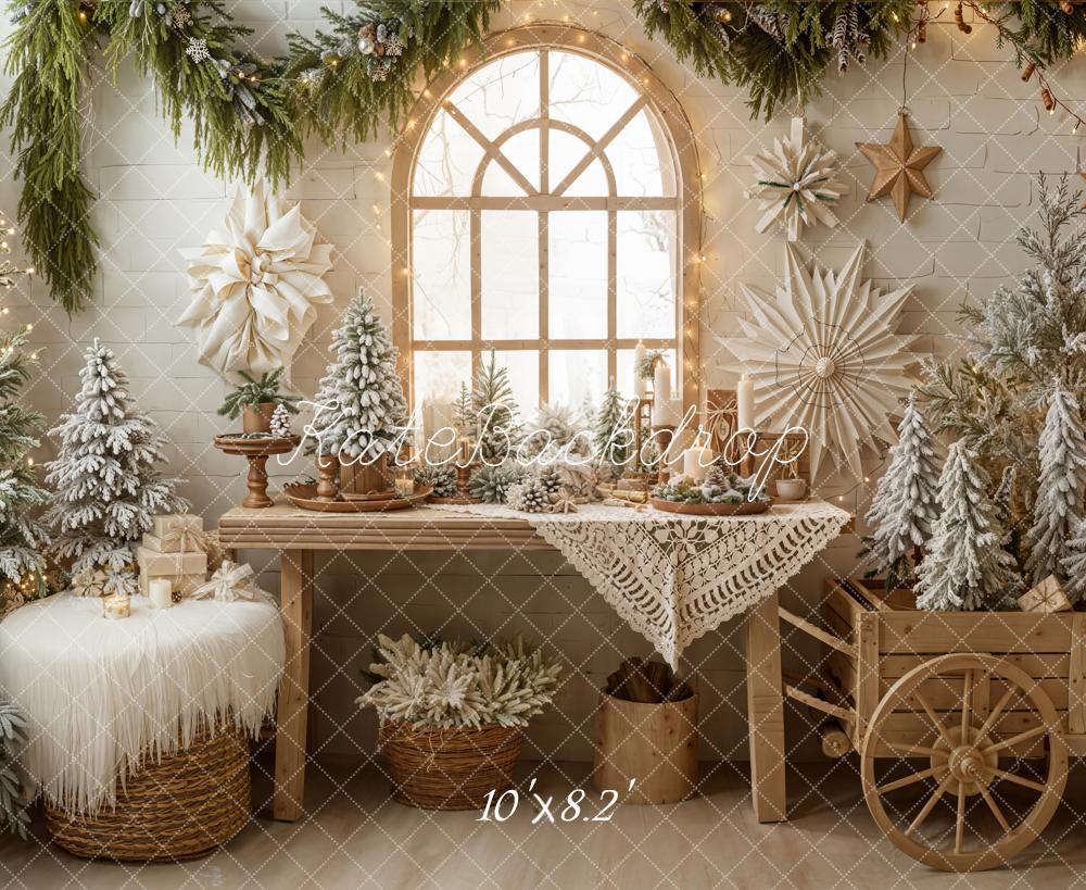 Kate Christmas Snowy Trees Wooden Cart Fleece Backdrop Designed by Emetselch - Image 3