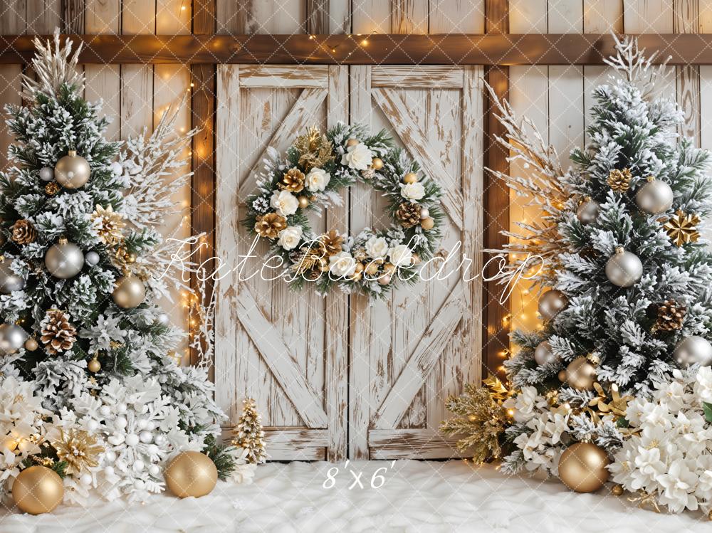 Kate Christmas Trees Rustic Door Fleece Backdrop Designed by Emetselch - Image 3
