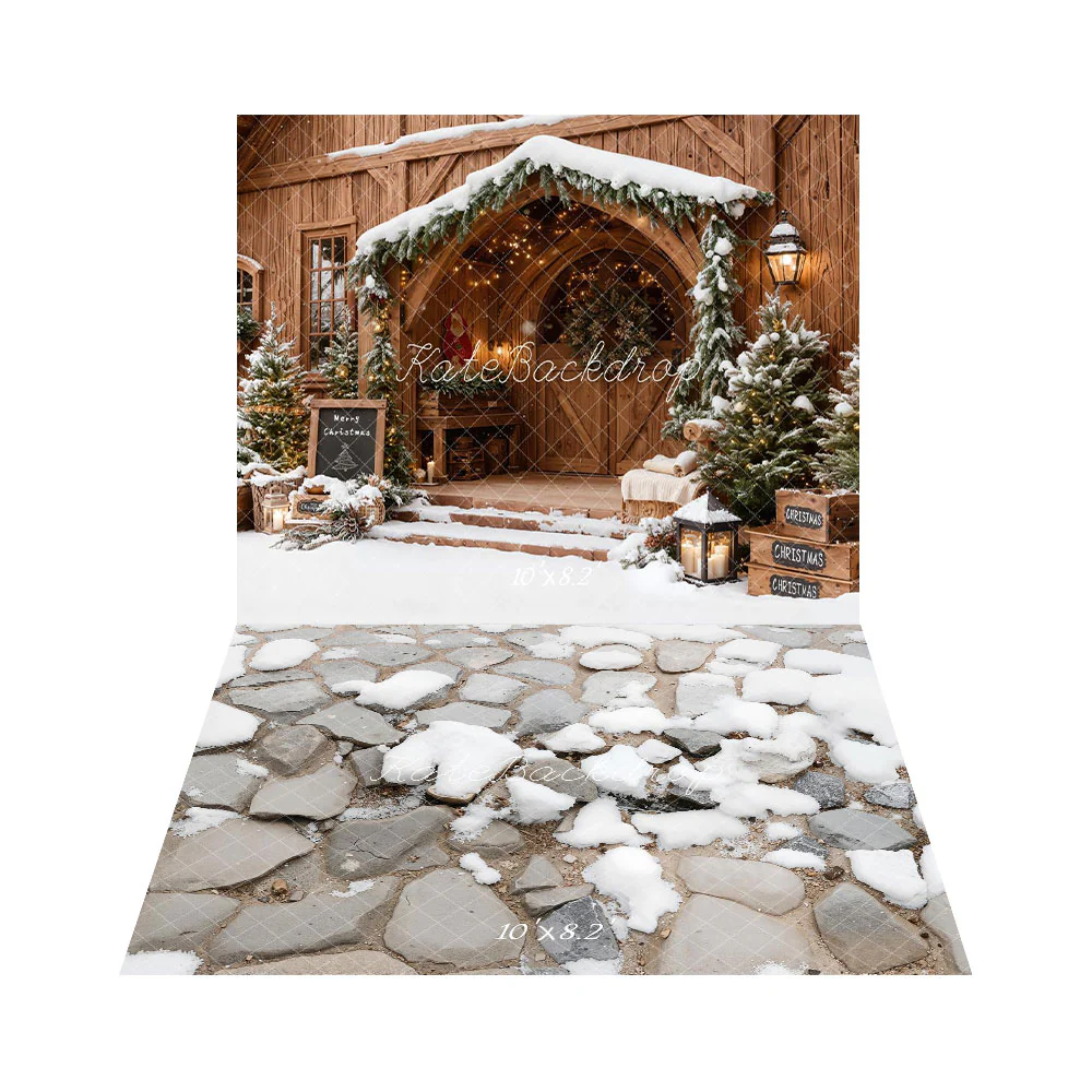 Kate Christmas Snowy Wooden Porch Trees +Winter Cobblestone Snow Floor Backdrop - Image 2