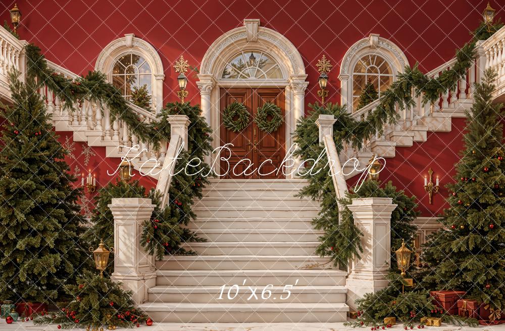 Kate Christmas Cascading Stairs Garland Red Fleece Backdrop Designed by Emetselch - Image 2
