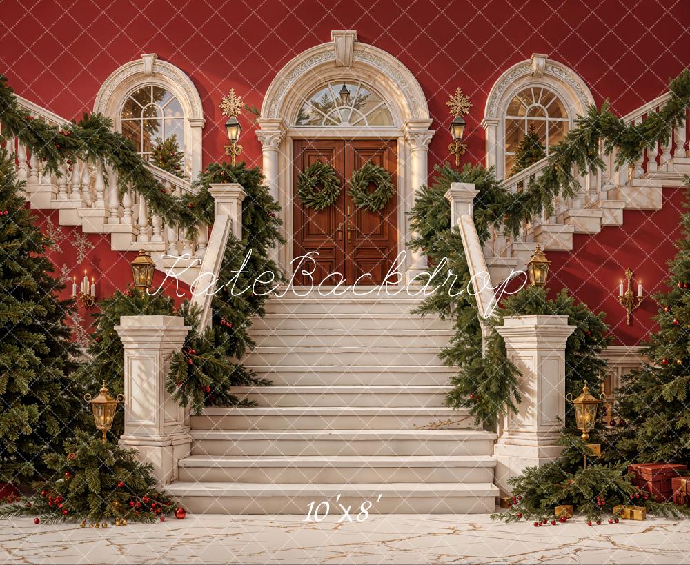Kate Christmas Cascading Stairs Garland Red Fleece Backdrop Designed by Emetselch - Image 3