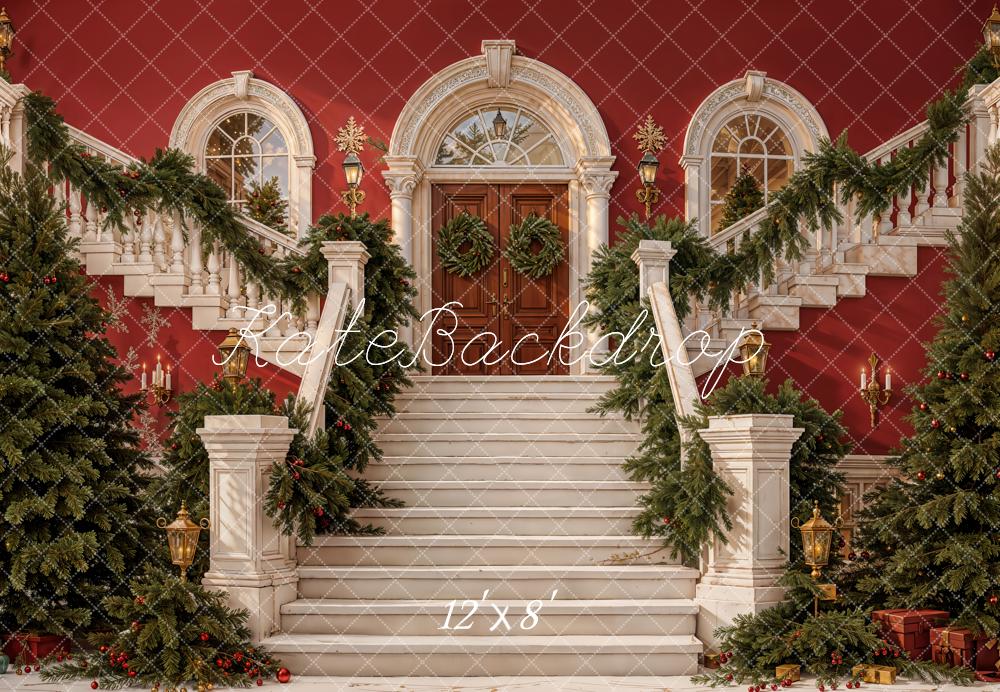 Kate Christmas Cascading Stairs Garland Red Fleece Backdrop Designed by Emetselch - Image 4