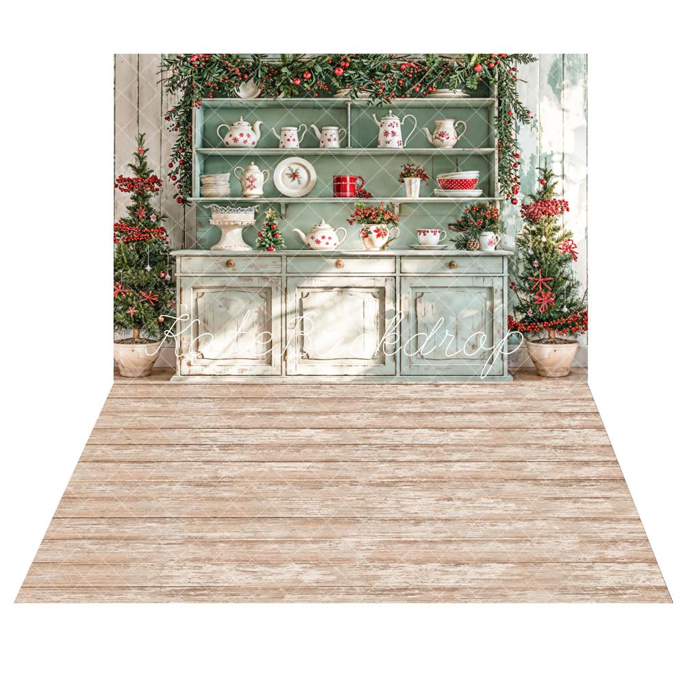 Kate Christmas Sunshine Green Cabinets Backdrop+Brown Wooden Grain Floor Backdrop