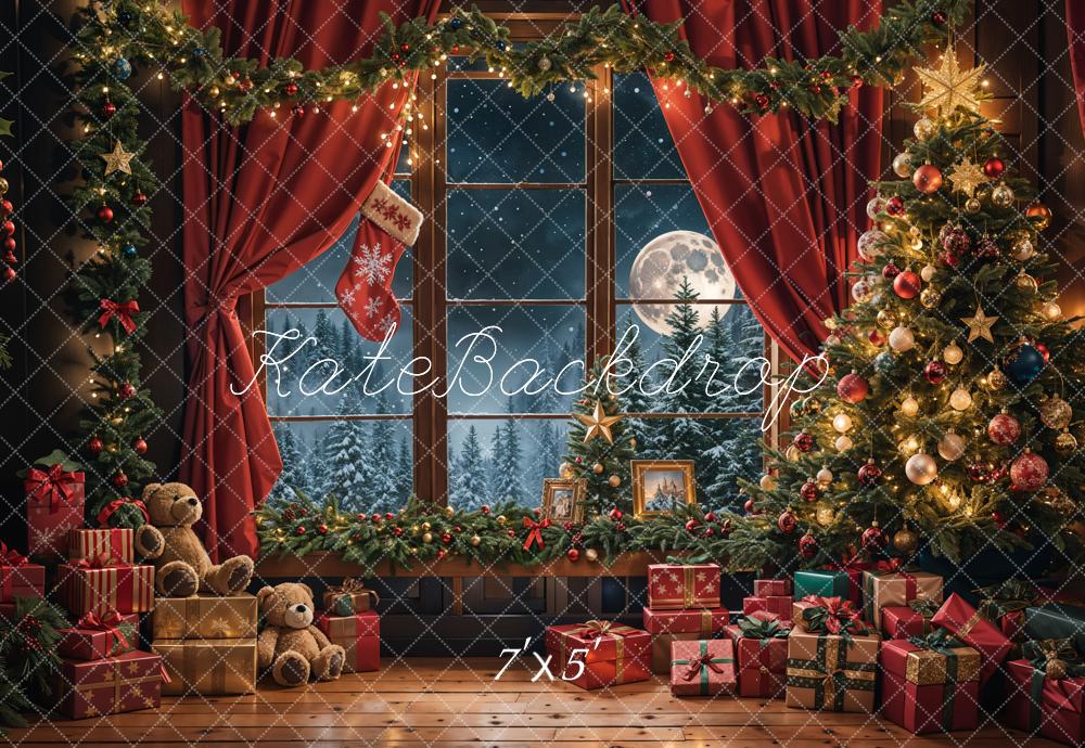 Kate Christmas Teddy Bear Red Curtain Window Backdrop Designed by Emetselch - Image 2