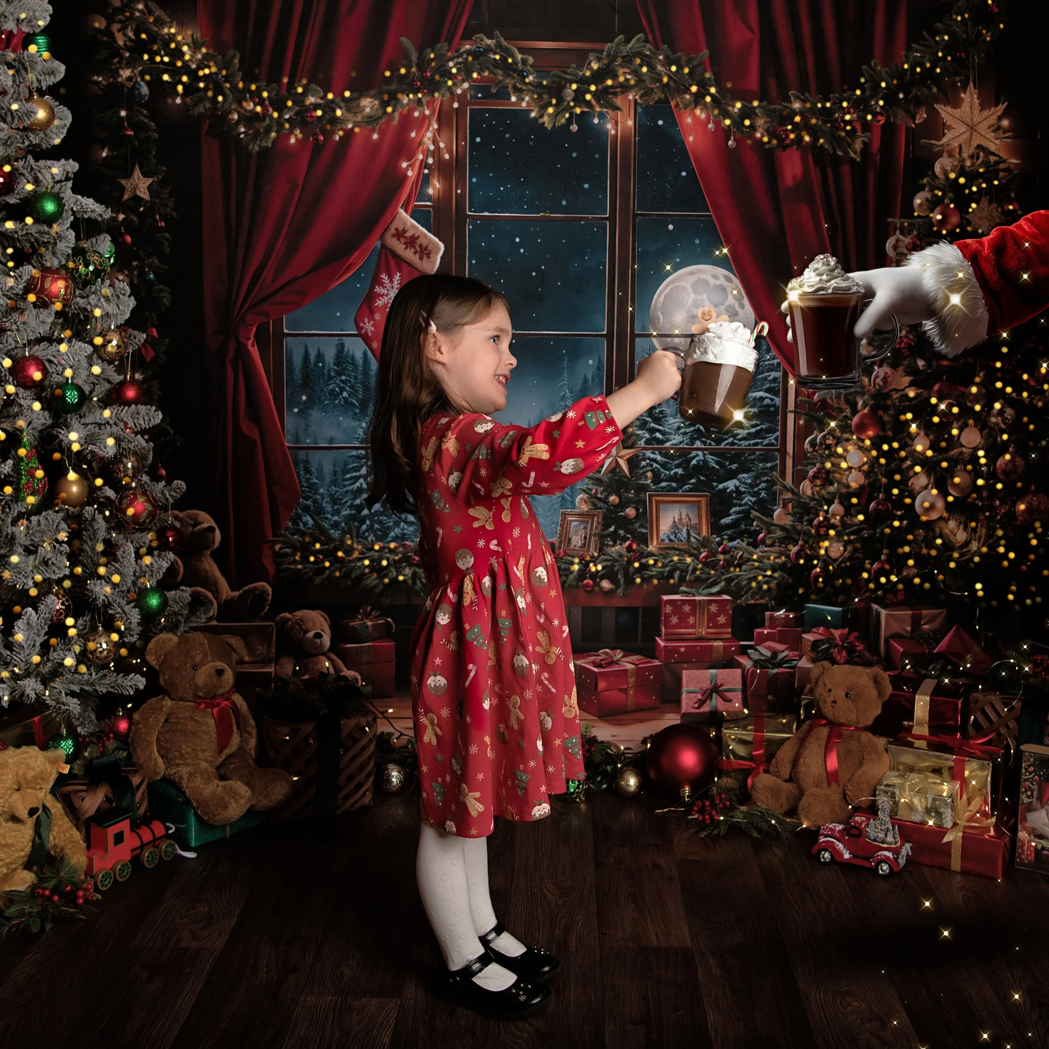 Kate Christmas Teddy Bear Red Curtain Window Backdrop Designed by Emetselch - Image 4