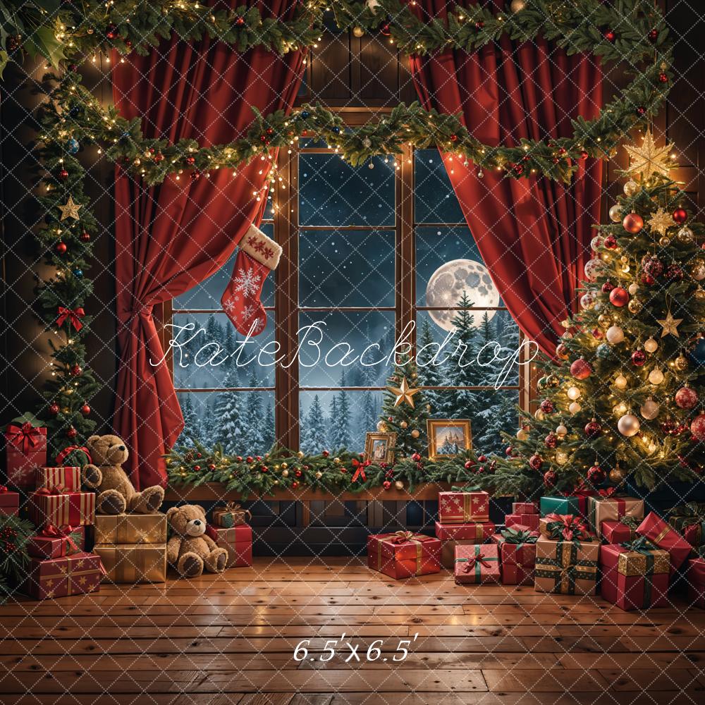 Kate Christmas Teddy Bear Red Curtain Window Backdrop Designed by Emetselch - Image 5