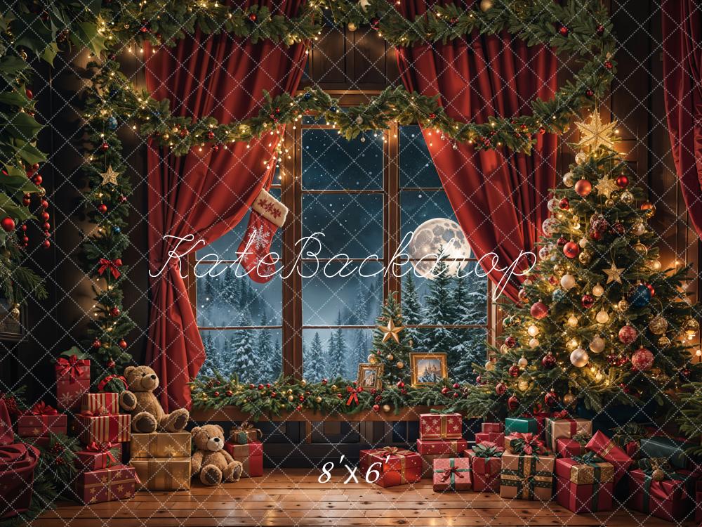 Kate Christmas Teddy Bear Red Curtain Window Backdrop Designed by Emetselch - Image 6