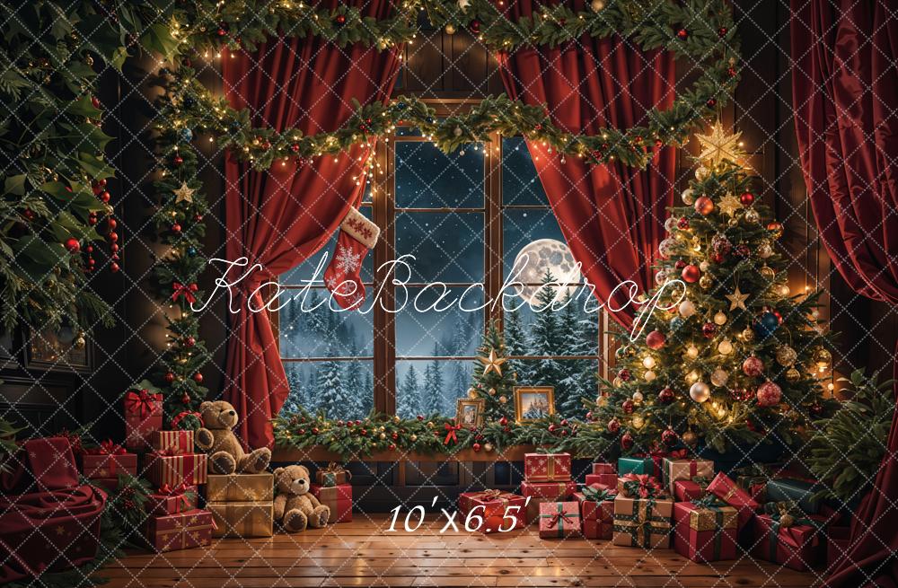 Kate Christmas Teddy Bear Red Curtain Window Backdrop Designed by Emetselch - Image 7