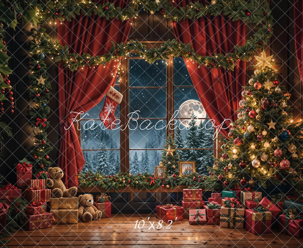 Kate Christmas Teddy Bear Red Curtain Window Backdrop Designed by Emetselch - Image 8