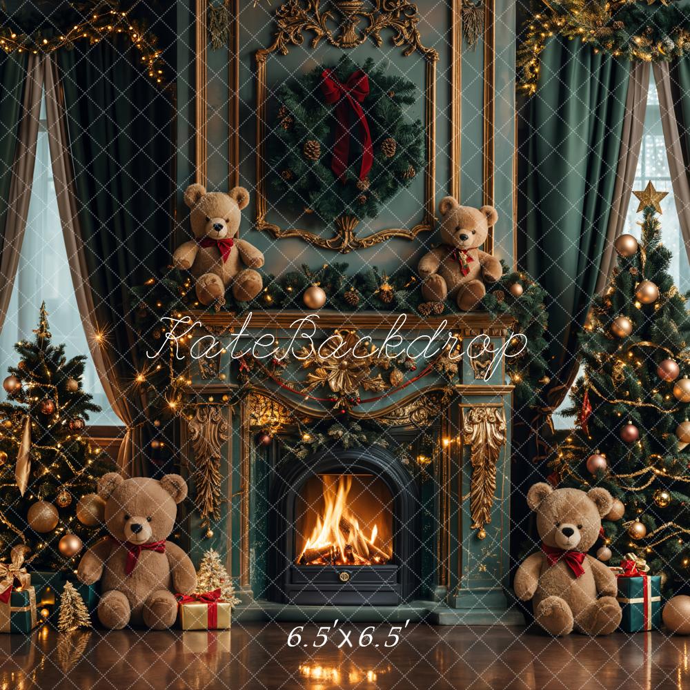 Kate Christmas Teddy Bear Vintage Green Fireplace Backdrop Designed by Emetselch - Image 2
