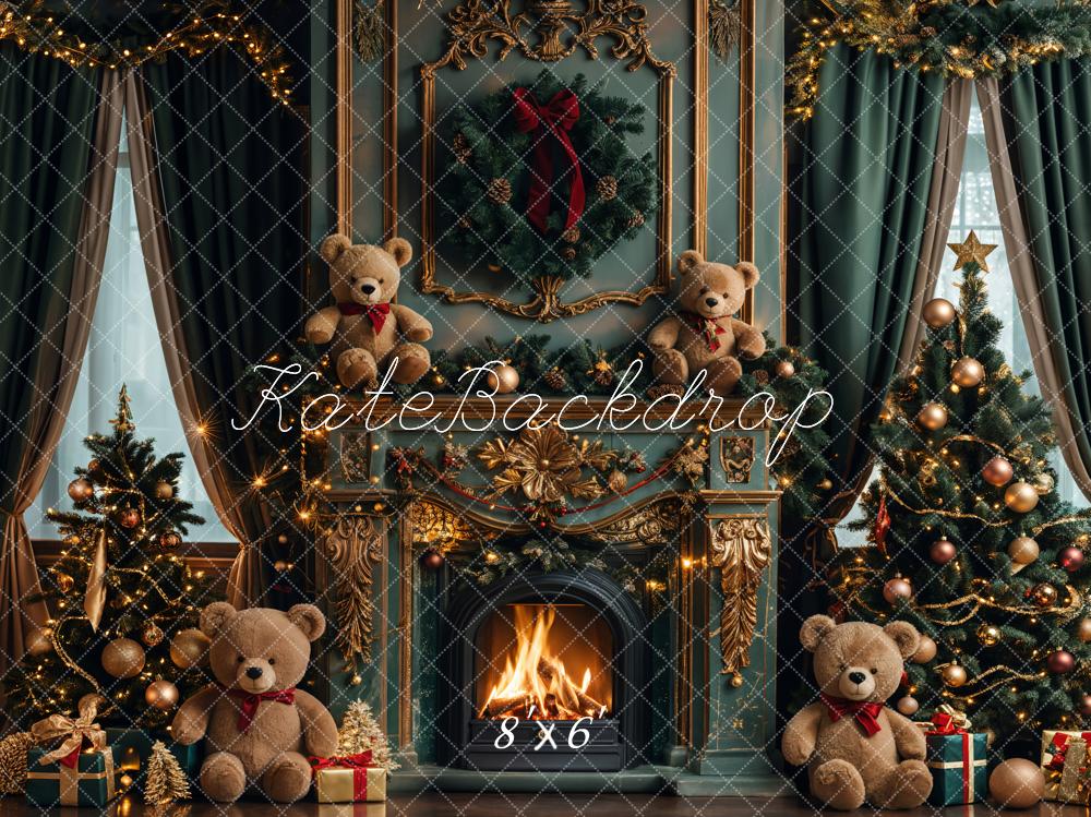 Kate Christmas Teddy Bear Vintage Green Fireplace Backdrop Designed by Emetselch - Image 3
