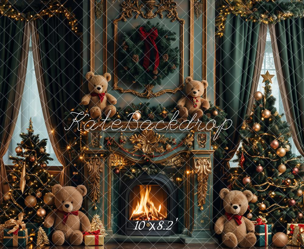 Kate Christmas Teddy Bear Vintage Green Fireplace Backdrop Designed by Emetselch - Image 4