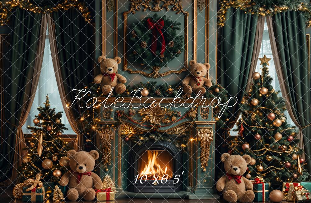 Kate Christmas Teddy Bear Vintage Green Fireplace Backdrop Designed by Emetselch - Image 5
