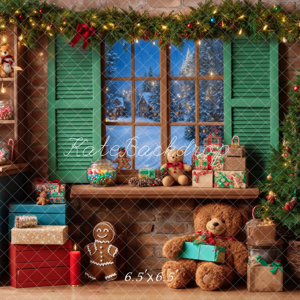 Kate Christmas Teddy Bear Window Green Backdrop Designed by Emetselch - Image 2