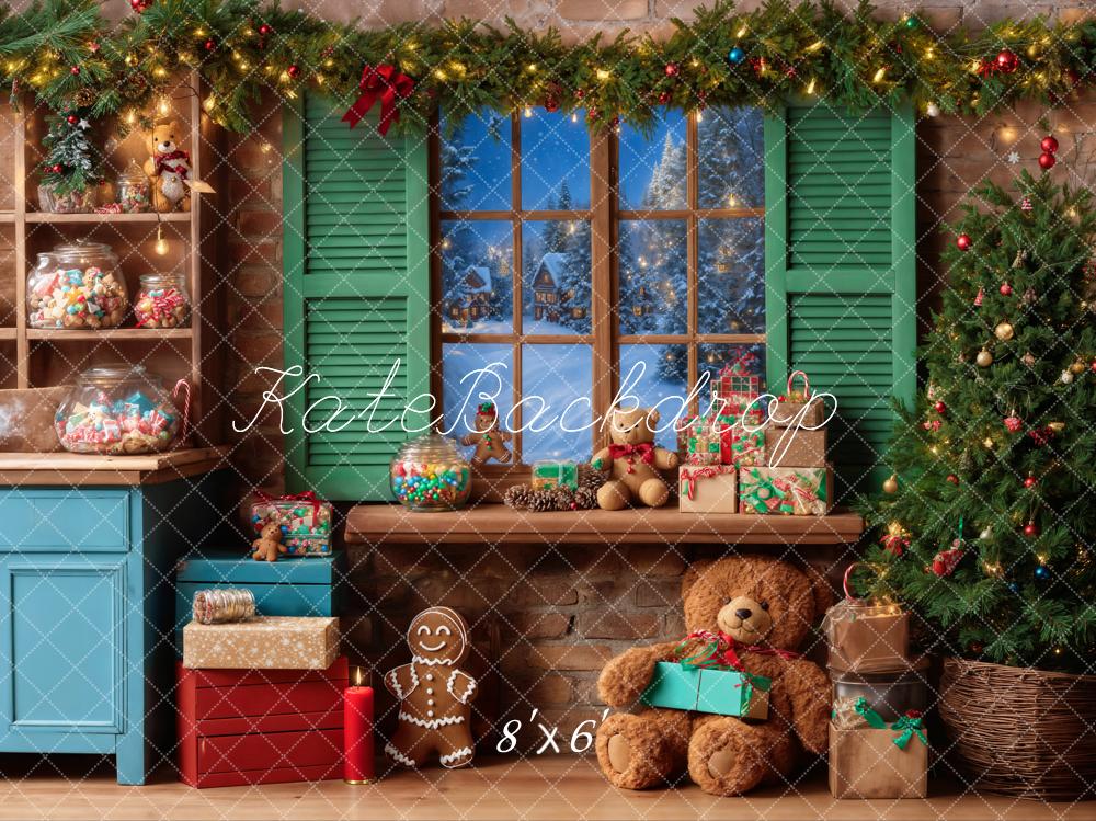Kate Christmas Teddy Bear Window Green Backdrop Designed by Emetselch - Image 3