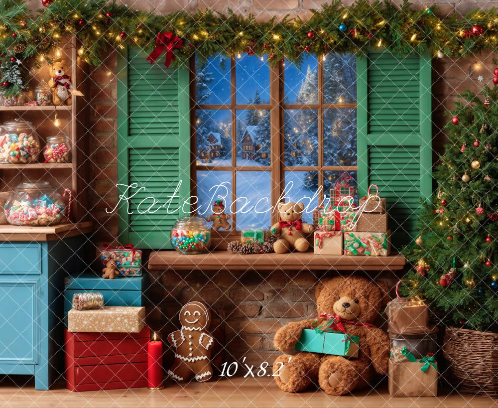 Kate Christmas Teddy Bear Window Green Backdrop Designed by Emetselch - Image 5