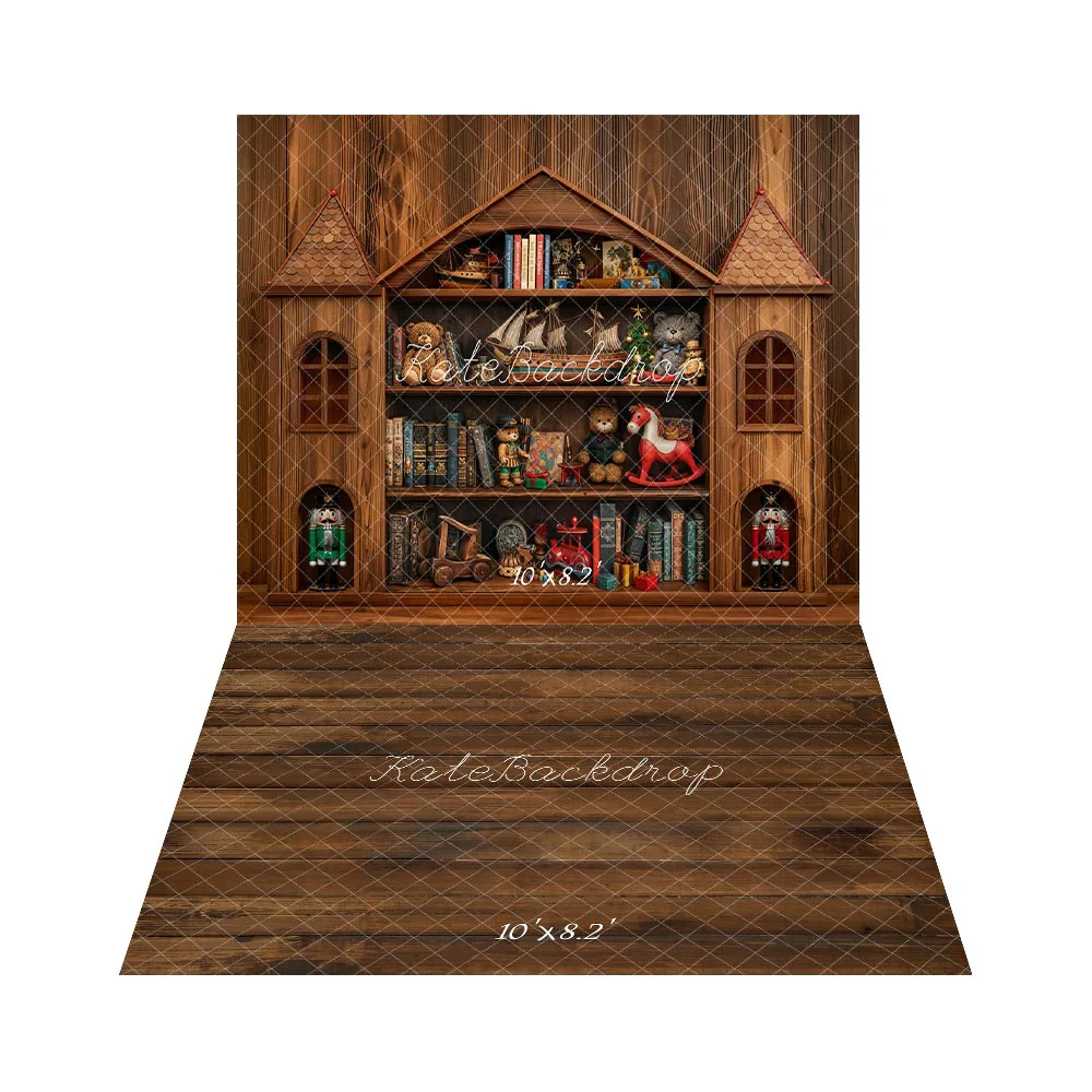 Kate Christmas Toys Room Wood Cabinet Shelf Backdrop+Wooden Floor Backdrop - Image 2
