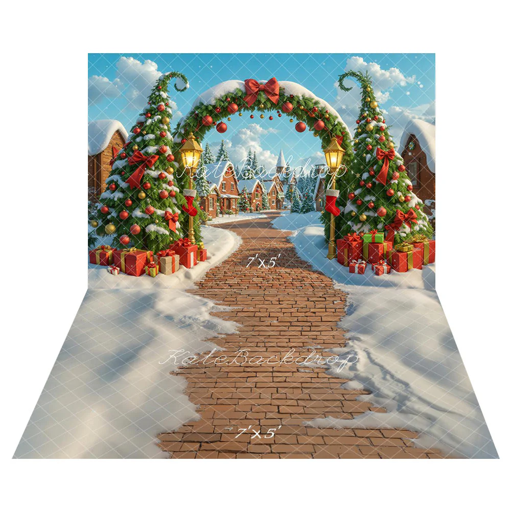 Kate Christmas Tree Arch Gifts Snowy Village Backdrop+Brick Path Snow Floor Backdrop - Image 2