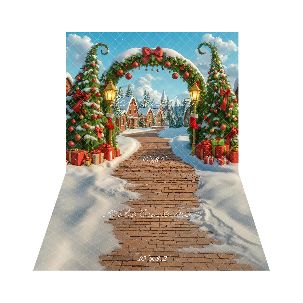 Kate Christmas Tree Arch Gifts Snowy Village Backdrop+Brick Path Snow Floor Backdrop - Image 3