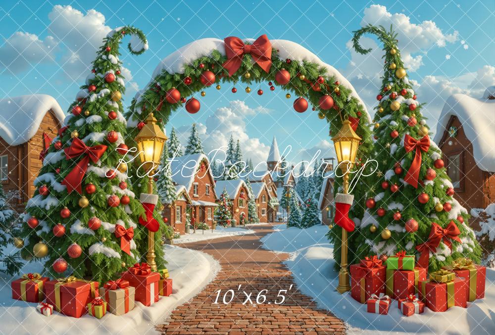 Kate Christmas Tree Arch Village Fleece Backdrop Designed by Emetselch - Image 2
