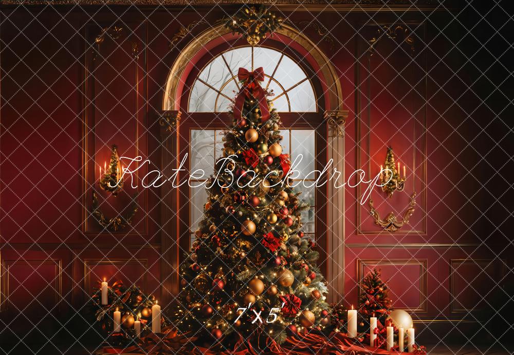 Kate Christmas Tree Arched Window Red Wall Backdrop Designed by Emetselch - Image 2