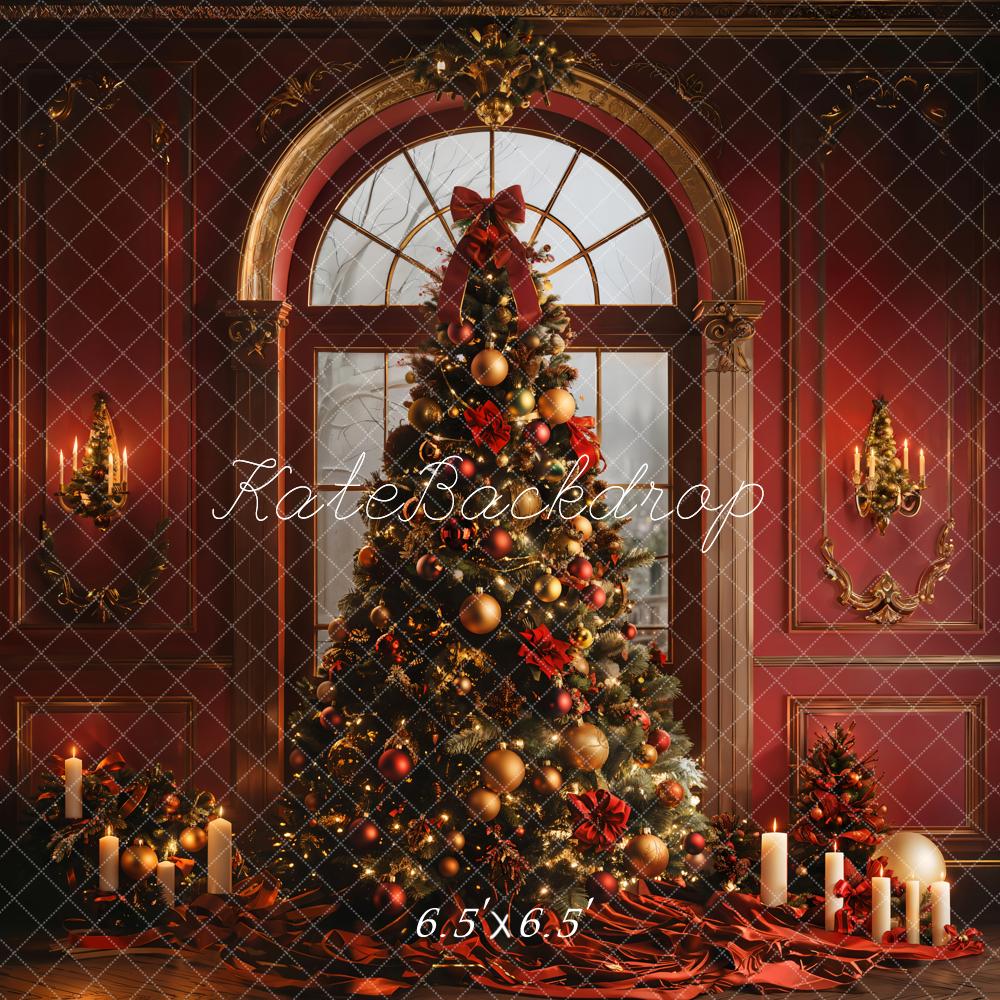 Kate Christmas Tree Arched Window Red Wall Backdrop Designed by Emetselch - Image 4