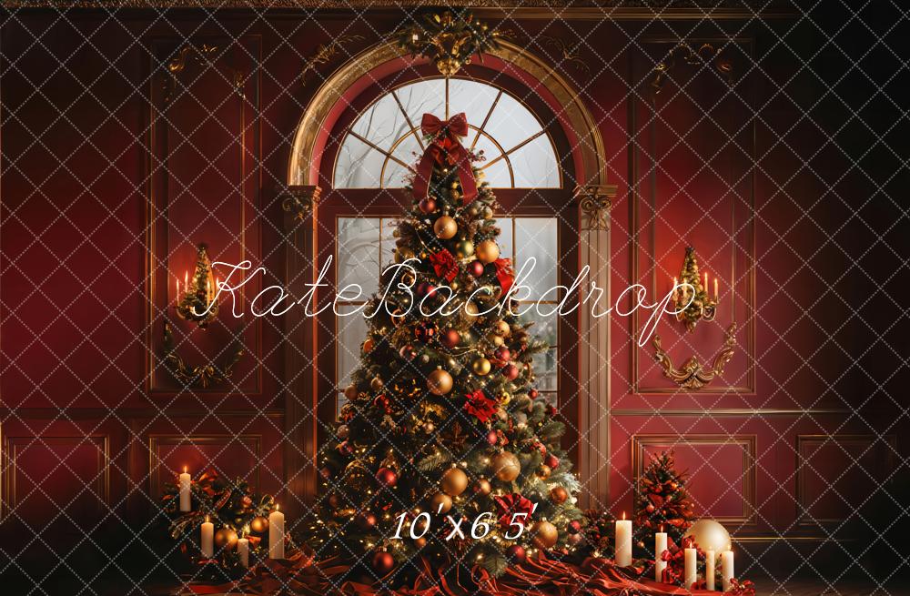 Kate Christmas Tree Arched Window Red Wall Backdrop Designed by Emetselch - Image 5