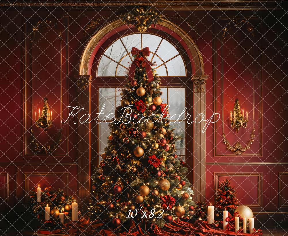 Kate Christmas Tree Arched Window Red Wall Backdrop Designed by Emetselch - Image 6