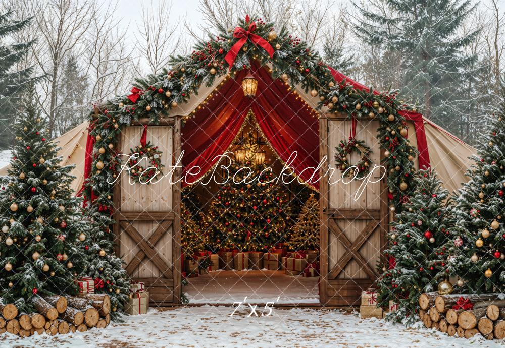 Kate Christmas Tree Barn Bow Snow Forest Backdrop Designed by Emetselch - Image 2