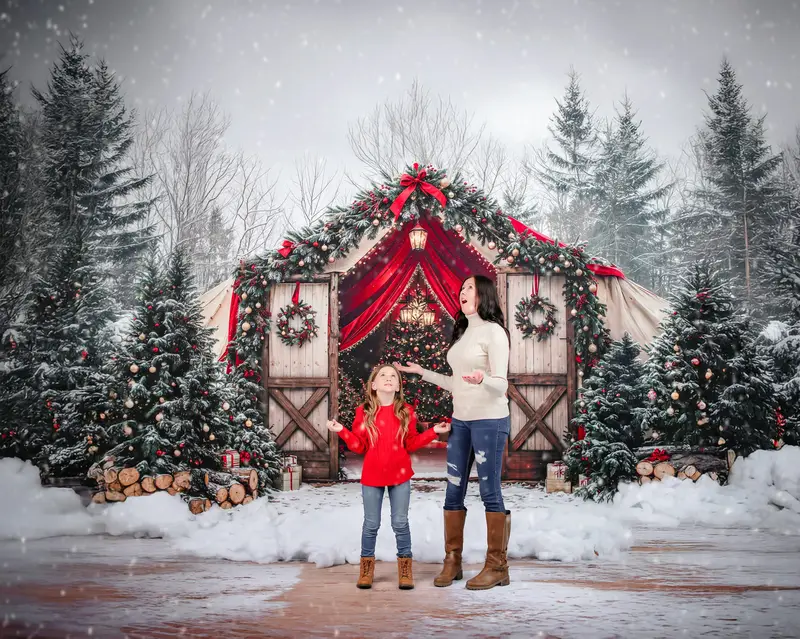 Kate Christmas Tree Barn Bow Snow Forest Backdrop Designed by Emetselch - Image 3